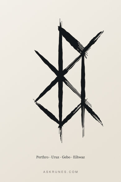 Bindrune for Scorpio zodiac sign, combining runes Perthro, Eihwaz, Uruz and Gebo