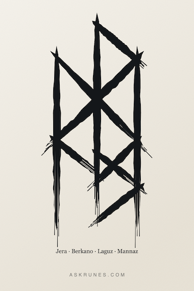 Bindrune for Virgo zodiac sign, combining runes Berkano, Jera, Laguz and Mannaz
